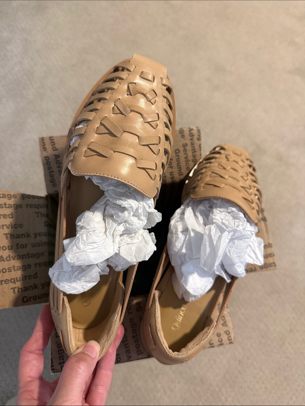 Quince Tan Woven Leather Slide Sandals